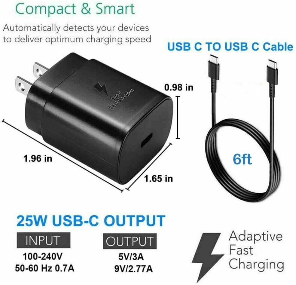 25W Type USB-C Super Fast Wall Charger +6FT Cable For Samsung Galaxy